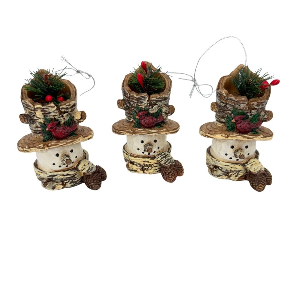 Snowman Christmas Holiday Ornaments Birch Bark Cardinal Pinecone Rustic 3pc Set